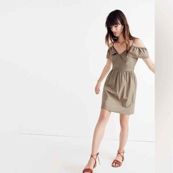 Madewell Khaki Cold-Shoulder‎ Ruffle Dress in Khaki Size 6 Womens - Picture 1 of 13